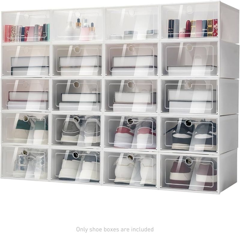 Photo 1 of 20 Pack Foldable Shoe Storage Boxes, Stackable Clear Plastic Shoe Organizer Space Saving Shoe Display Containers with Clear Lids