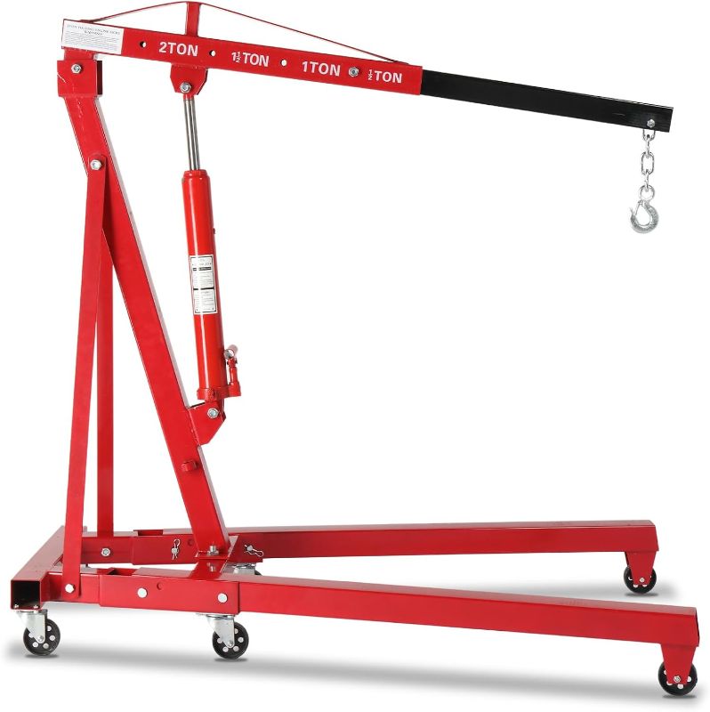 Photo 1 of 2 Ton Folding Hydraulic Engine Crane with Telescopic Boom and Outriggers and Hook, 4400 lbs Engine Hoist Workshop Crane Lifting Cherry Picker, Heavy Duty Steel Electric Hoist, Red