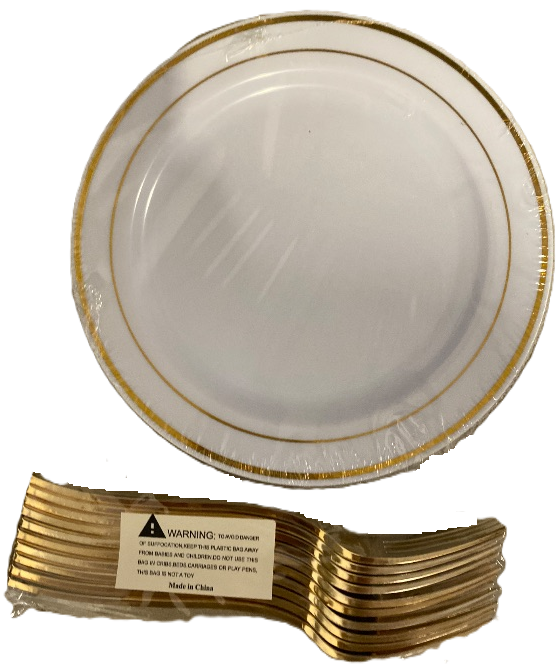 Photo 1 of 10 Pack White and gold plastic plates with 10 Gold Forks