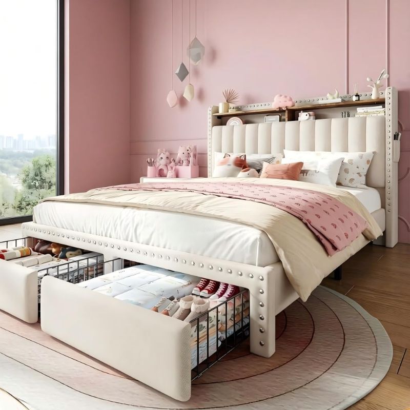 Photo 1 of Full Size Bed Frame, Upholstered Full Bed Frame with 2 Storage Drawers and 2-Tier Headboard, Vertical Tufted Headboard Design, Extra Storage Space for Bedroom Apartment, Beige