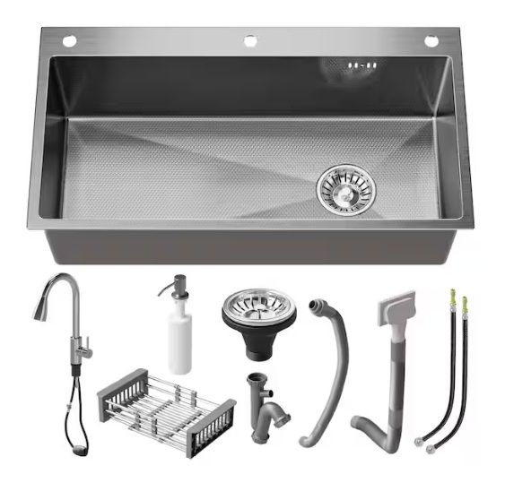 Photo 1 of 30 in. Drop-in/Undermount Single Bowl 16-Gauge Silver Stainless Steel Kitchen Sink with Faucet