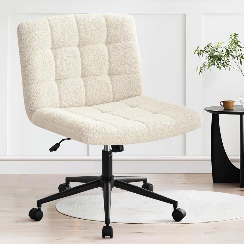 Photo 1 of Criss Cross with Wheels, Upholstered Armless Legged Office Chair Height Adjustable, Comfy Desk Chair with Wide Thicken Seat, Computer Chairs for Living Room, Study Room, Home Office, IvoryWhite
