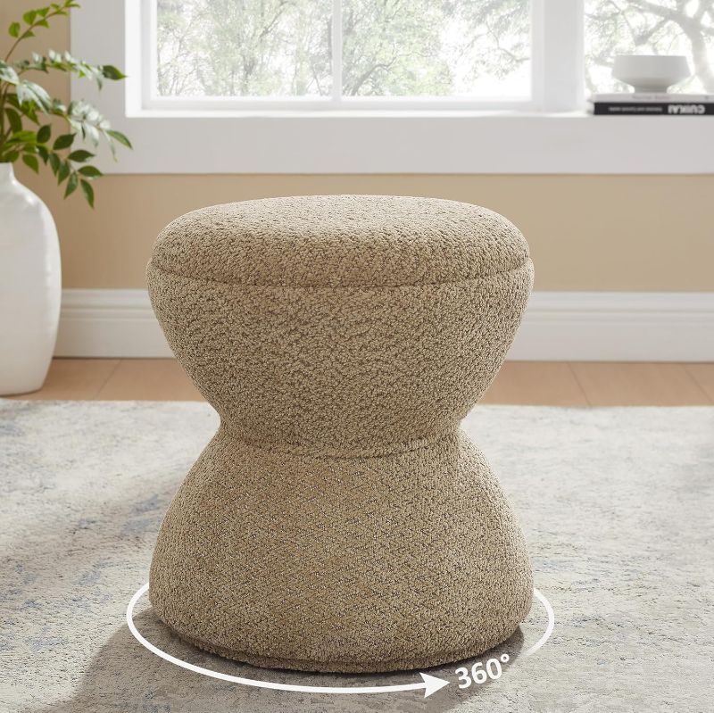 Photo 1 of Multi-Functional Boucle Ottoman, Vanity Stool Chair, Sturdy Rotating Wooden Footstool, Suitable for Living Room, Bedroom, and Entryway, Without Installation, Swivel, Camel