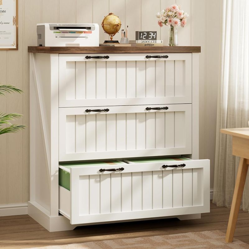 Photo 1 of 3 Drawer File Cabinet, Farmhouse Filing Cabinet for Home Office, Wood Office File Cabinets for Letter/Legal/A4 Size, Lateral File Cabinets with Printer Stand, White + Brown