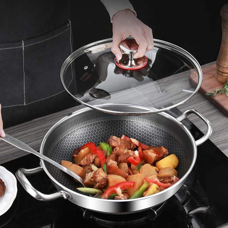Photo 1 of Frying Pans Nonstick Paella Pan with Lid 14 Inch Stainless Steel Deep Skillet Large Frying Pan Big Pan for Cooking, Suitable for All Cooktops Including Induction (13.98 Inch)