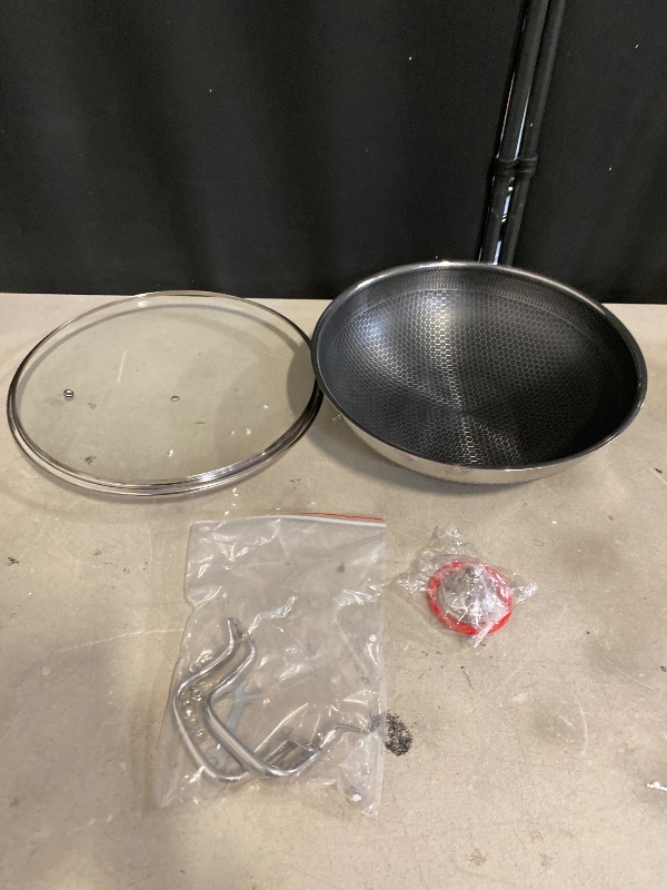 Photo 1 of Frying Pans Nonstick Paella Pan with Lid 14 Inch Stainless Steel Deep Skillet Large Frying Pan Big Pan for Cooking, Suitable for All Cooktops Including Induction (13.98 Inch)