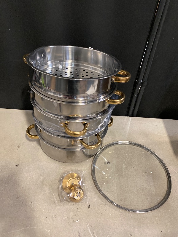 Photo 1 of Dumpling Steamer, 5-Tier Stainless Steel Cooker, 10.24in Non-Stick Meat Vegetable Cooking Steam Pot, Steaming Cookware with Strainer Basket Handles & Glass Lid