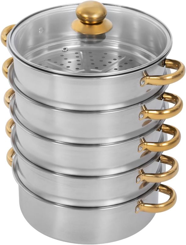 Photo 1 of Dumpling Steamer, 5-Tier Stainless Steel Cooker, 10.24in Non-Stick Meat Vegetable Cooking Steam Pot, Steaming Cookware with Strainer Basket Handles & Glass Lid