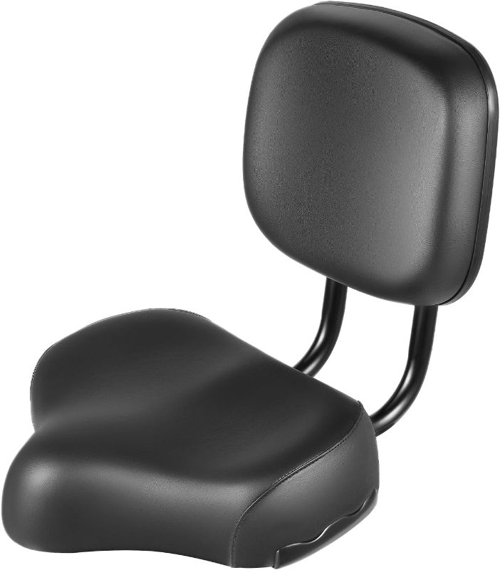 Photo 1 of Extra Wide Bike Seat with Backrest and Comfortable Ergonomic Design for Men and Women - Adjustable Height Leather Saddle Pad for eBike, Tricycle, and Big Bikes
