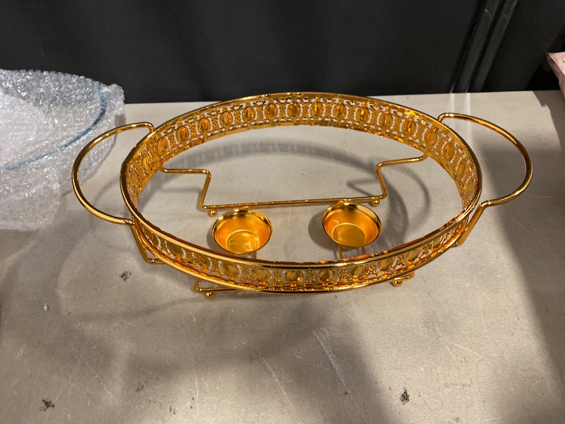 Photo 1 of Chafing Dish Buffet Set, Chafers And Buffet Warmers With Glass Food Tray, Metal Frame, 2 Fuel Holders And Lid, For Parties, Dinners And Catering (Color : Gold, Size : 2L)
