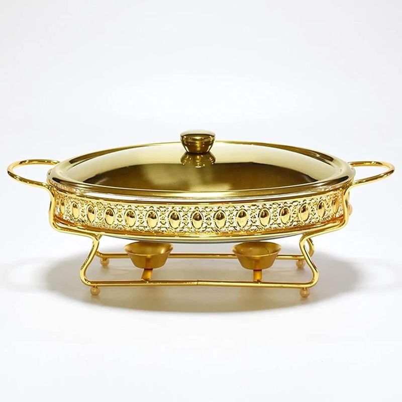 Photo 1 of Chafing Dish Buffet Set, Chafers And Buffet Warmers With Glass Food Tray, Metal Frame, 2 Fuel Holders And Lid, For Parties, Dinners And Catering (Color : Gold, Size : 2L)
