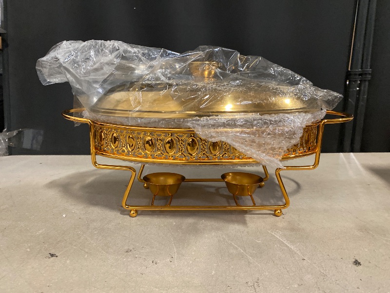 Photo 1 of Chafing Dish Buffet Set, Chafers And Buffet Warmers With Glass Food Tray, Metal Frame, 2 Fuel Holders And Lid, For Parties, Dinners And Catering (Color : Gold, Size : 2L)

