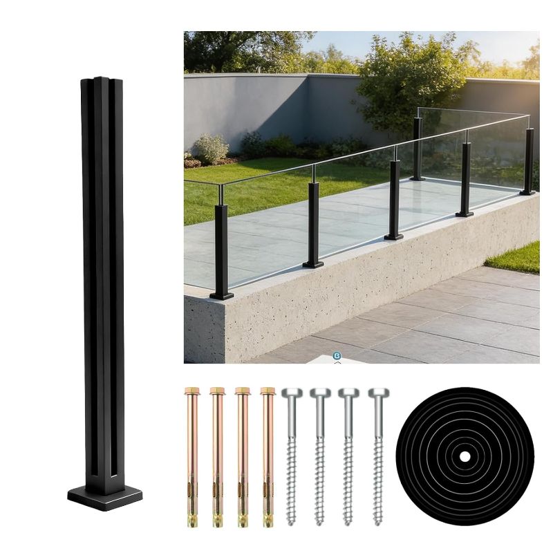 Photo 1 of Glass Railing Corner Post 35.8" 304 Stainless Steel Glass Balustrade Post with Spigot Slots for Indoors & Outdoors Railing of Deck, Balcony, Attic, Staircase (Black)