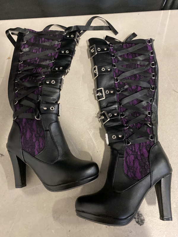View 2 of 7.5 Women Lace Goth Knee High Boots Buckle Block Heel Lace Up Knee Length Boots Punk Platform Tall Boots