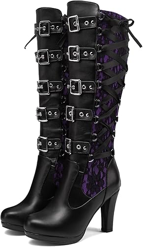 View 1 of 7.5 Women Lace Goth Knee High Boots Buckle Block Heel Lace Up Knee Length Boots Punk Platform Tall Boots