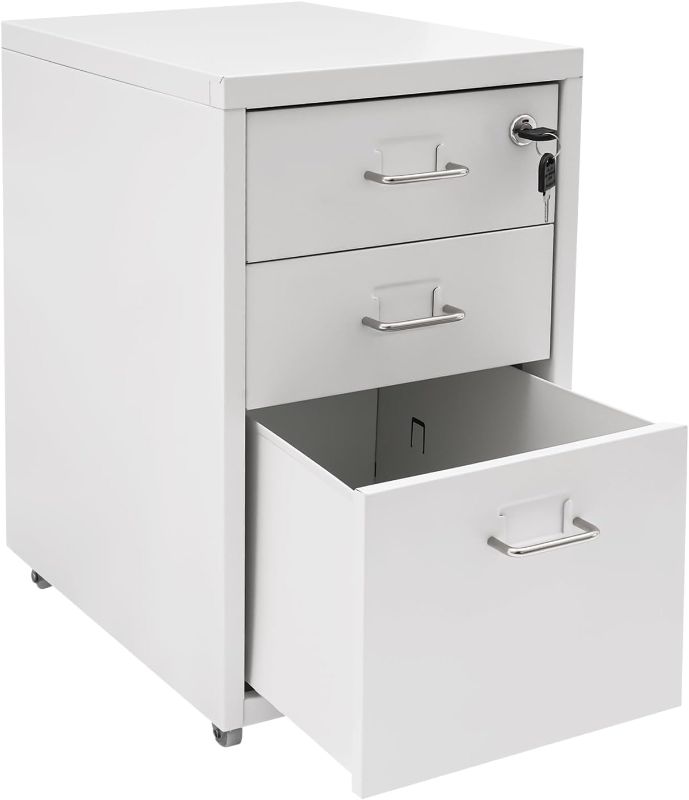 Photo 1 of 3 Drawers File Cabinet with Lock Rolling Mobile Filing Cabinet with Wheels Under Desk Vertical Filing Cabinet for Office/Home (White)