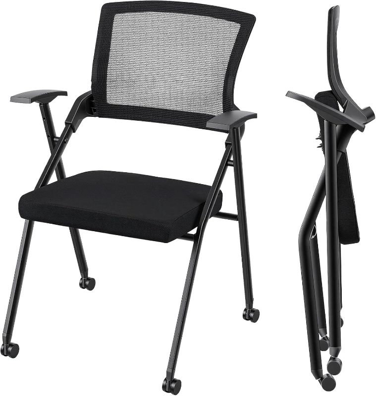 Photo 1 of Foldable Office Chair with Wheels, Flip-up Armrest & Ergonomic Mesh Bouncing Back, Padded Seat for Office Meeting, Guest & Reception,Event,Stackable Conference Table Chair Black (1 Pack)