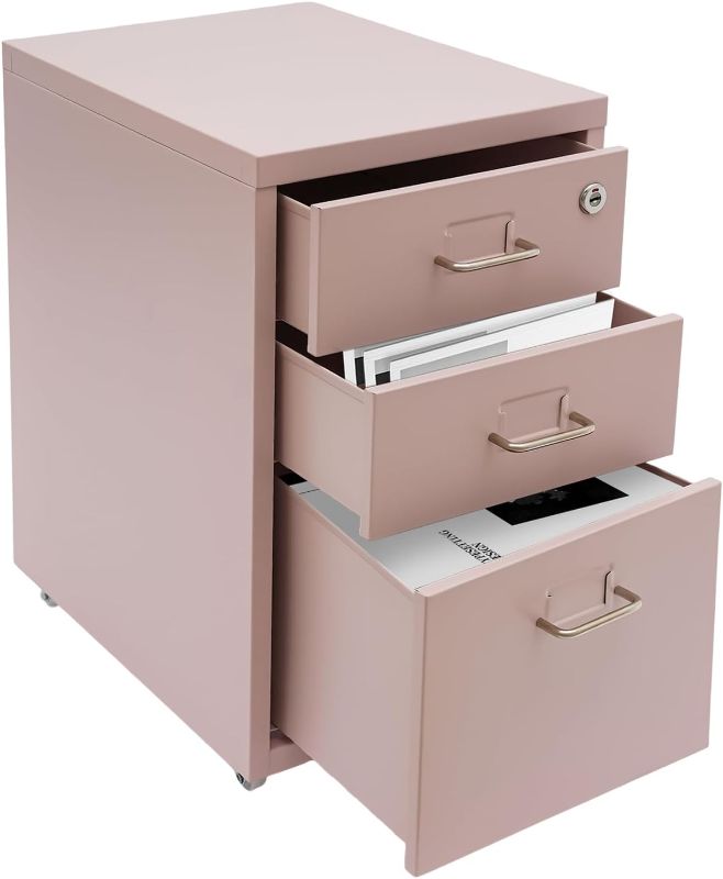 Photo 1 of 3 Drawers File Cabinet with Lock Rolling Mobile Filing Cabinet with Wheels Under Desk Vertical Filing Cabinet for Office/Home (Pink)