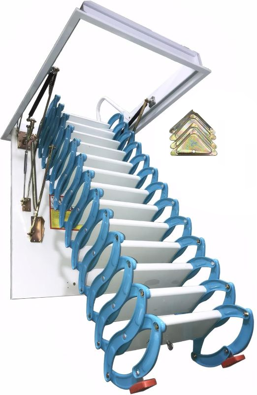 Photo 1 of Aluminium Attic Ladder Pull Down System, 13 Steps Attic Ceiling Folding Stairs, 10.5 ft Height, 660 lbs Load, Opening Size 27.56'' x 39.38'', Blue S-Bend Structure