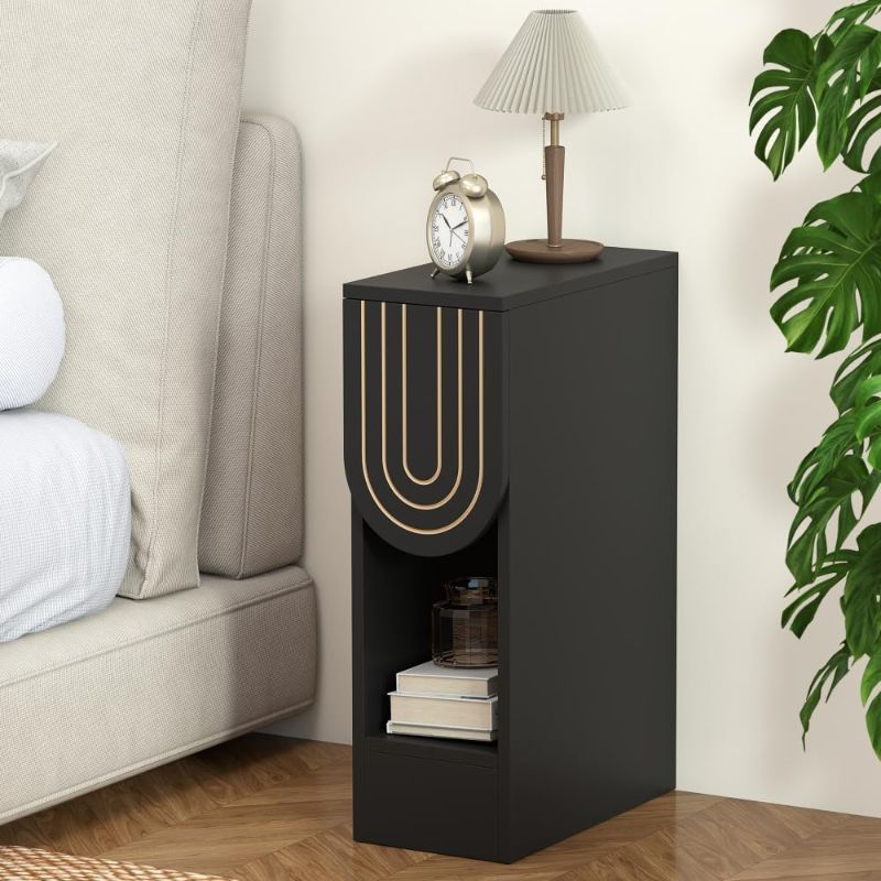 Photo 1 of Narrow Nightstand, Slim Bedside Table with Carving Lines Drawer, Mid-Century Modern Small Side End Table for Bedroom Small Space, Wooden Night Stand (1, Black)