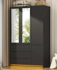 Photo 1 of Box 2/2 *Missing Box 1*| 75" Tall 3 Doors Armoire Wardrobe Closet with 3 Drawers and Mirror, Large Wardrobe Closet for Bedroom with LED Lights, Wooden Armoire Storage Cabinet with Hanging Rod, Adjustable shelves (Black)