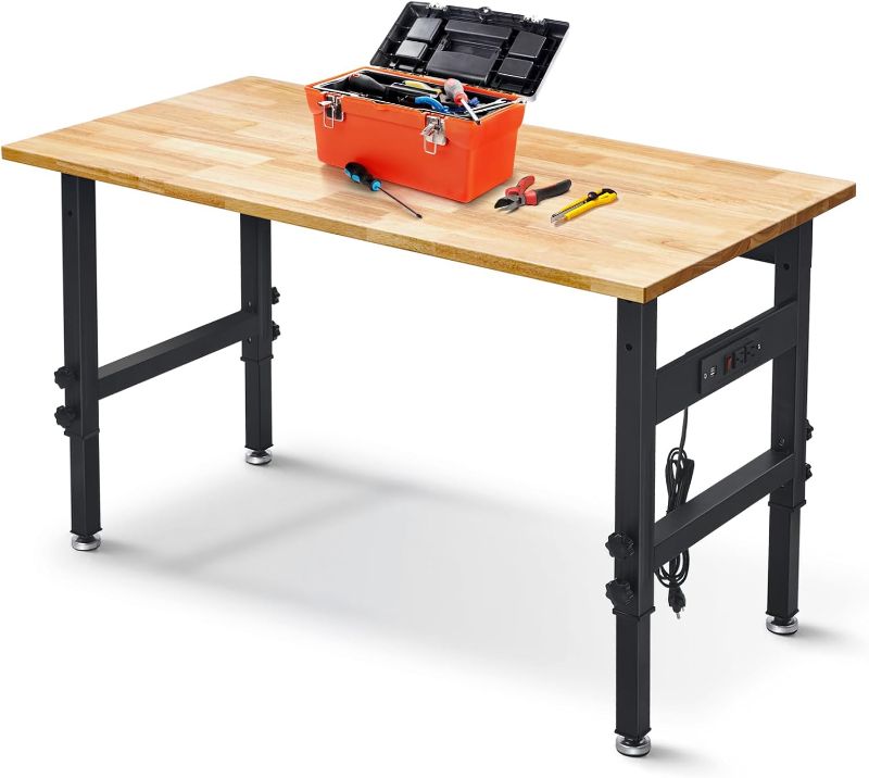 Photo 1 of Adjustable Work Bench, 47.5 x 23.6 Workbench for Garage with Power Outlet, 2200LBS Load Capacity Hardwood Oak Top Heavy-Duty Work Table for Garage, Workshop, Home, Office, Easy Assembly