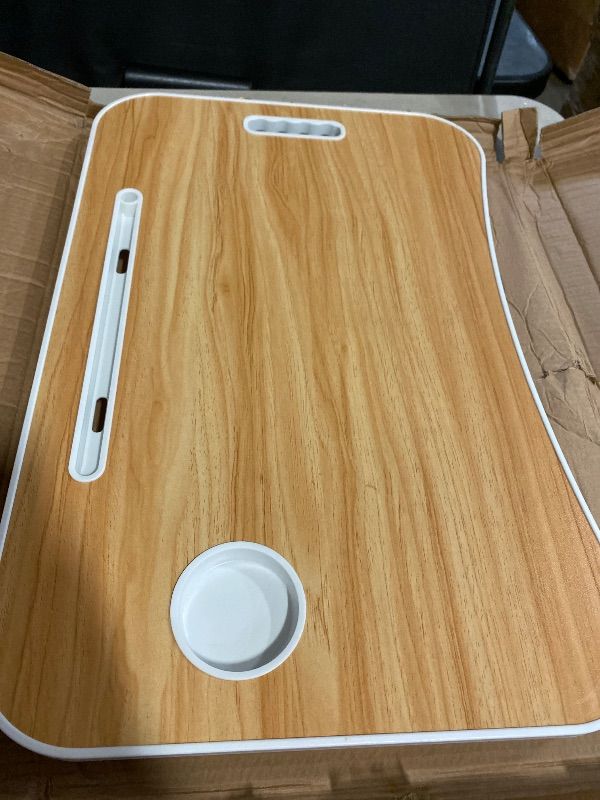 Photo 1 of Foldable Laptop Table, Portable Lap Desk Bed Table Tray, Laptop Stand with Cup Holder & Tablet Slot & Lifting Handle for Working Writing Drawing & Eating (Wood) 15.7"D x 23.5"W x 10"H