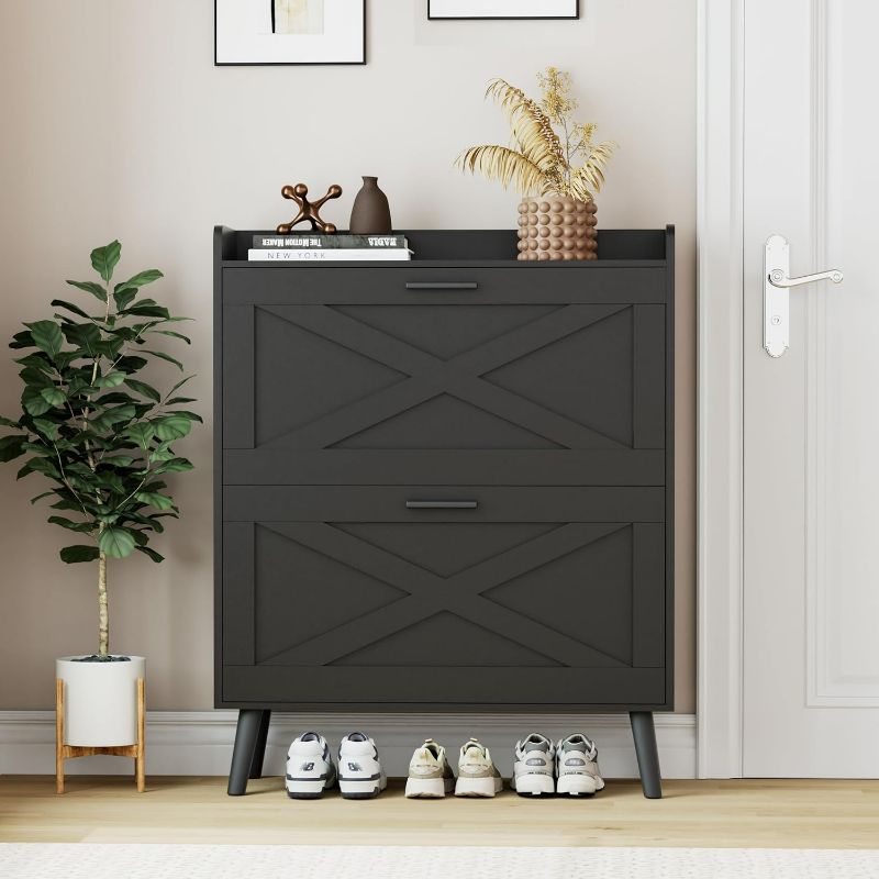 Photo 1 of (BLACK) Shoe Storage Cabinet with 2 Flip Drawers, Farmhouse Hidden Shoe Organizer, Narrow Slim Shoe Rack Cabinet for Entryway Hallway,Black