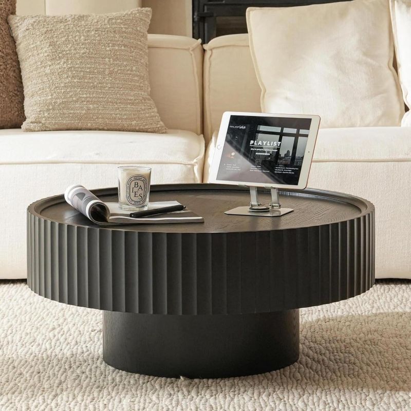 Photo 1 of Round Coffee Table with Storage, 31.8” Fluted Drum Modern Living Room Table, Mushroom Shape Wood Center Tables, Accent Black Tea Tables for Living Room, Apartment(31.8''L×13.7''H)