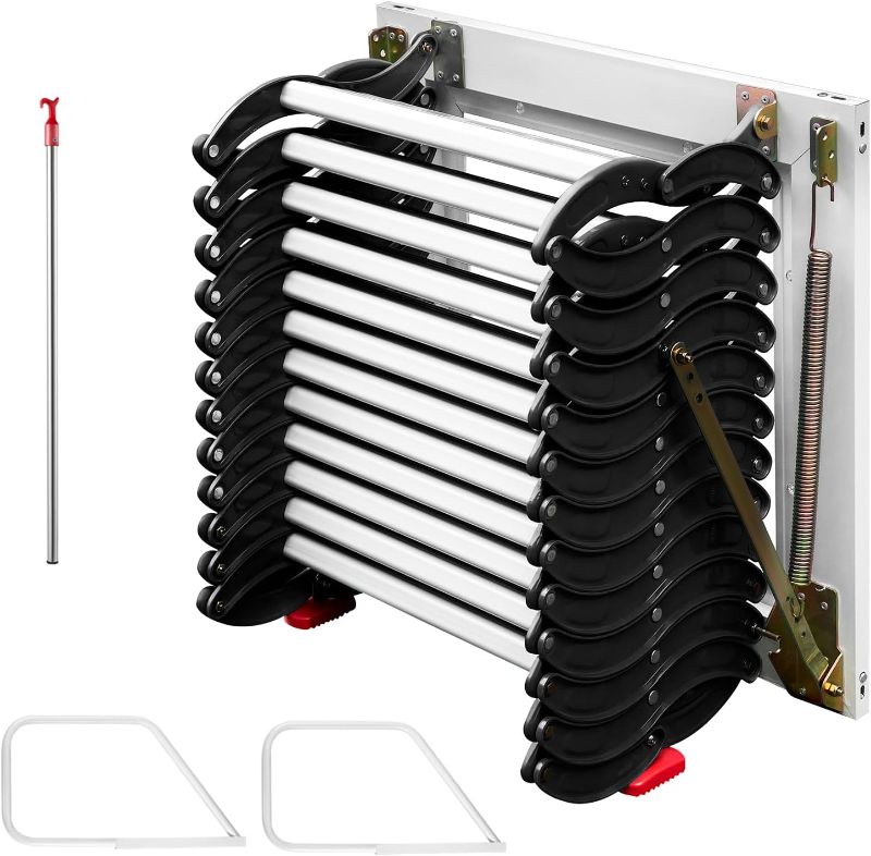 Photo 1 of Attic Steps Pull Down 12-Step Attic Ladder, Black Alloy Attic Access Ladder. Wall-Mounted Folding Stairs for Attic. Retractable Ladder with Armrests, 9.8 Feet High
