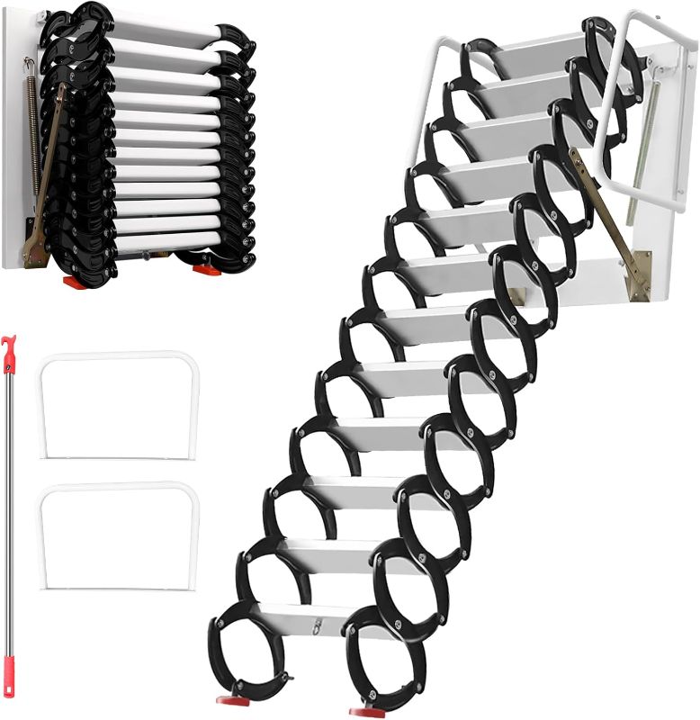 Photo 1 of 10FT Pull Down Attic Stairs, 12 Step Aluminum-Magnesium Alloy Loft Wall Mounted Stairs, Telescopic Fold Ladder for 27.5 x 23.6 Inch, Up to 880 lbs (Black+White)