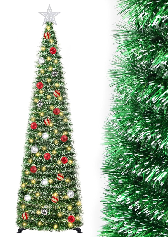 Photo 1 of 5 FT Pop Up Christmas Tree with Timer Lights and Decorations, Green Tinsel Artificial Christmas Tree with 24 Balls Ornaments, Collapsible Pencil Tree for Xmas Home Office Party Decor