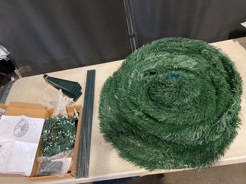Photo 1 of 5 FT Pop Up Christmas Tree with Timer Lights and Decorations, Green Tinsel Artificial Christmas Tree with 24 Balls Ornaments, Collapsible Pencil Tree for Xmas Home Office Party Decor