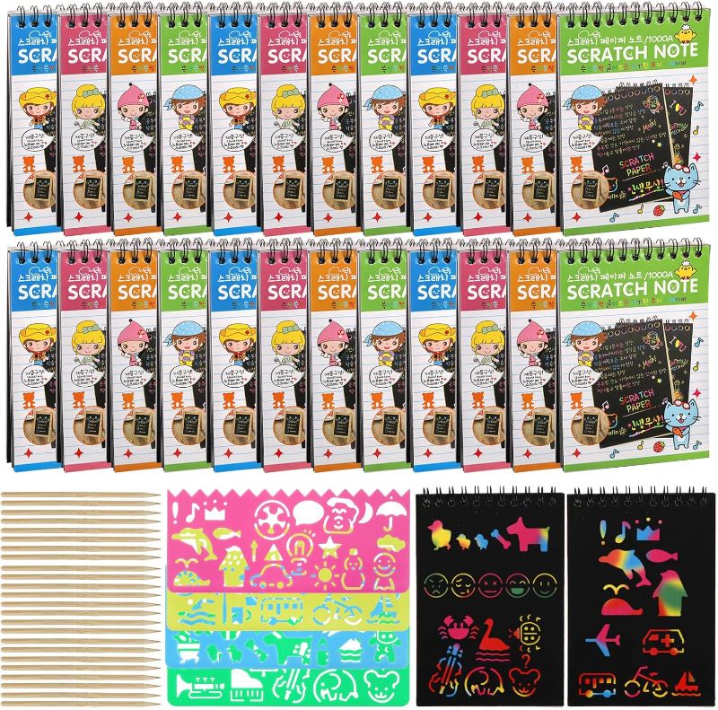 Photo 1 of 24 Pack Scratch Paper Art for Kids, Scratch Off Notebook Black Coloring Books with 24 Wooden Stylus & 4 Drawing Stencils for Age 4-12 Boys Girls Party Favor Halloween Christmas Birthday Gift