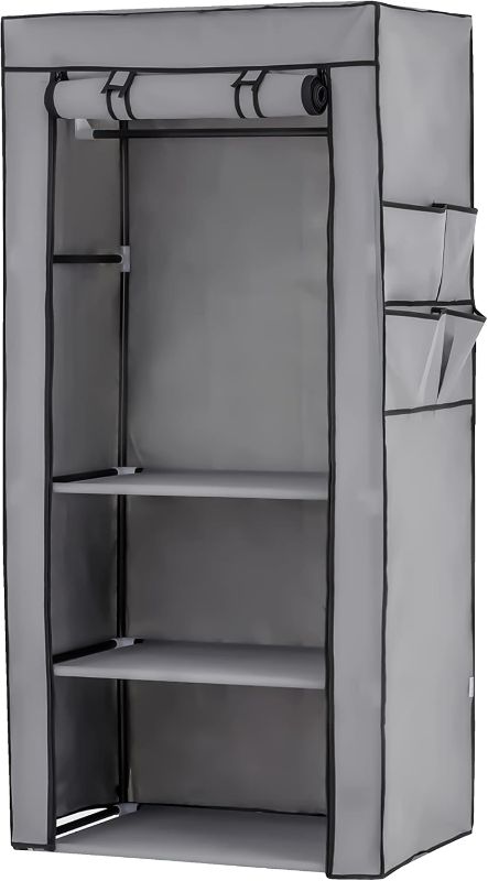 Photo 1 of Baroni Home Folding Wardrobe, Foldable Space Saving Wardrobe with Iron Structure for Bedroom, Grey, 3 Shelves, 1 Clothes Rail, 27.6 x 18.1 x 58.3 inches