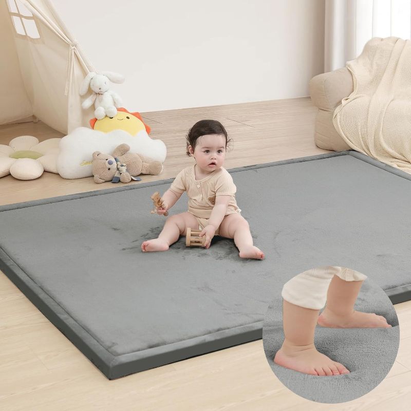 Photo 1 of Extra Large 79"x118" Baby Activity Play Mat for Floor, 1.3" Thick Elasti Foam for Tummy Time & Crawling, Non-Slip Nursery Rug for Infants, Toddlers & Kids, Tatami Style Mat for Yoga, Living Room, Classroom & Playroom (Dark Gray)