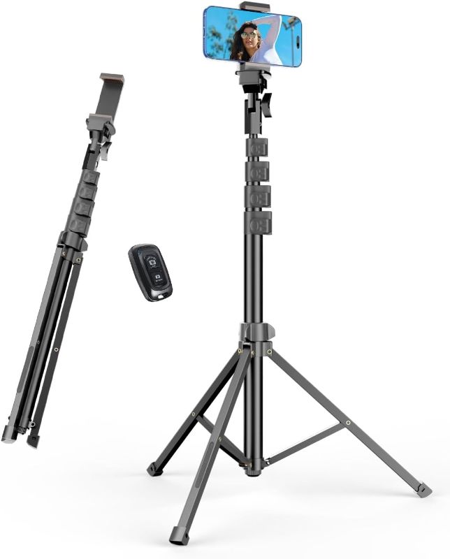 Photo 1 of 62’’ Cell Phone Tripod Stand, Adjustable Floor Cellphone Tri Pod Holder with Remote for iPhone and Android, Portable Compact Smartphone Selfie Stick for Video Recording Camera Ring Light Filming