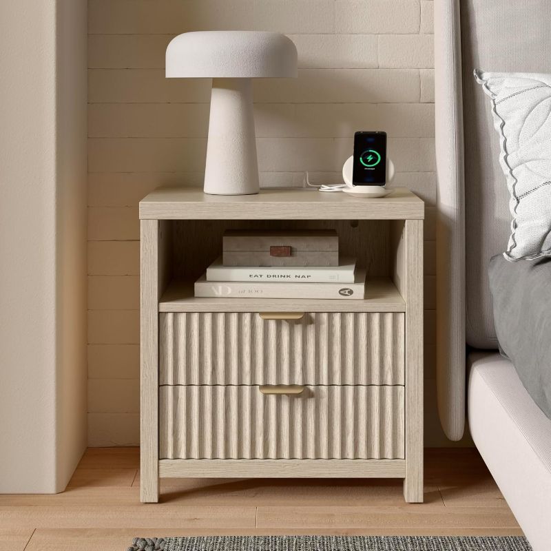 Photo 1 of Fluted Night Stand with Charging Station,19.7 Inch Wide Bedside Table Nightstand with 2 Wood Slide Drawers and Open Shelf, Modern Bedroom Furniture Wooden Legs and Metal Handle Brown