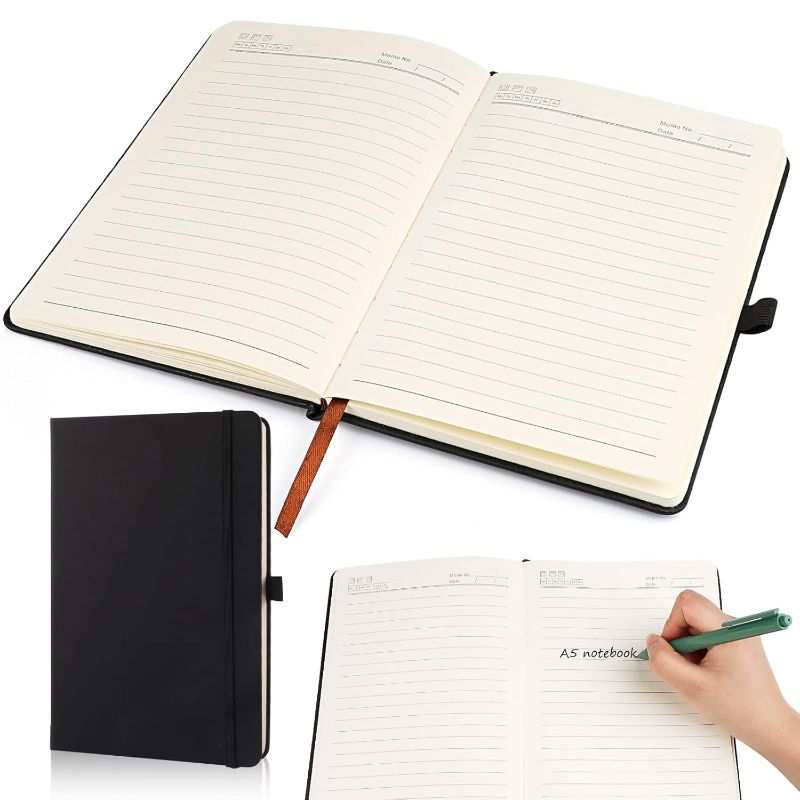 Photo 1 of Leather Notebook 200 Pages Notebook A5 Lined Diary, Lined Notebook Small with 80 g/m² Inkproof Paper for School, Office, Notes/Planning/Study/Travel/Drawings, 21.5 x 14.5 cm (black)