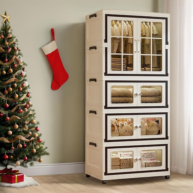 Photo 1 of Collapsible Storage Bins with Lids, Folding Storage Cabinets with Doors, Stackable Organizers Cabinets, Closet Organizers and Storage for Home, Dorm (3+1 Transparent Plus)