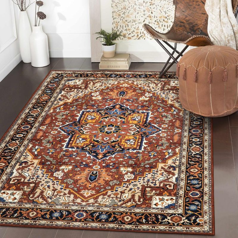 Photo 1 of 6'x4' Ultra-Thin Washable Oriental Area Rug - Non-Slip Laundry Room Rug, Non-Shedding Stain Resistance Low Pile Kitchen Mat Indoor Throw Carpet for Fall Decor Bathroom, Brown/Multi