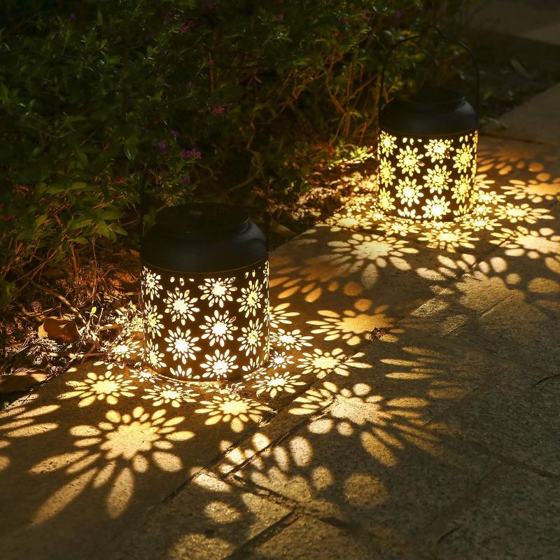 Photo 1 of 2 Pack Hanging Solar Lanterns, Tomshine Outdoor Lantern Warm White Waterproof Metal Patio Decor for Garden Landscape Yard Decoration (Flower Pattern)