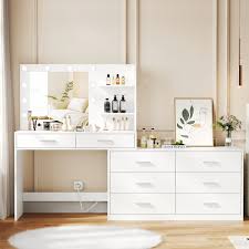 Photo 1 of 65" Vanity Desk With Lighted Mirror And Lights, 8 Drawers Makeup Vanity Table With Storage Shelf, Modern Dresser With Mirror, Dressing Table For Bedroom, Adjustable Width, White| Includes parts: 15,4,4,G,1