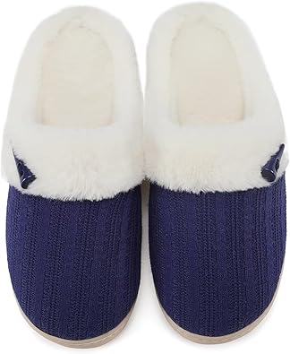 View 1 of 9.5-10 Women's Slip on Fuzzy Slippers Memory Foam House Slippers Outdoor Indoor Warm Plush Bedroom Shoes Scuff with Faux Fur Lining