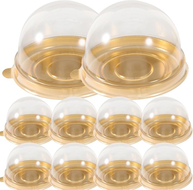Photo 1 of 50pcs Clear Plastic Mini Cake Boxes Small Dome Cake Boxes with Covers Dome Cupcake Boxes Packing Boxes Clear Mousse Container Mini Cupcake Boxes Display Holder (Golden)