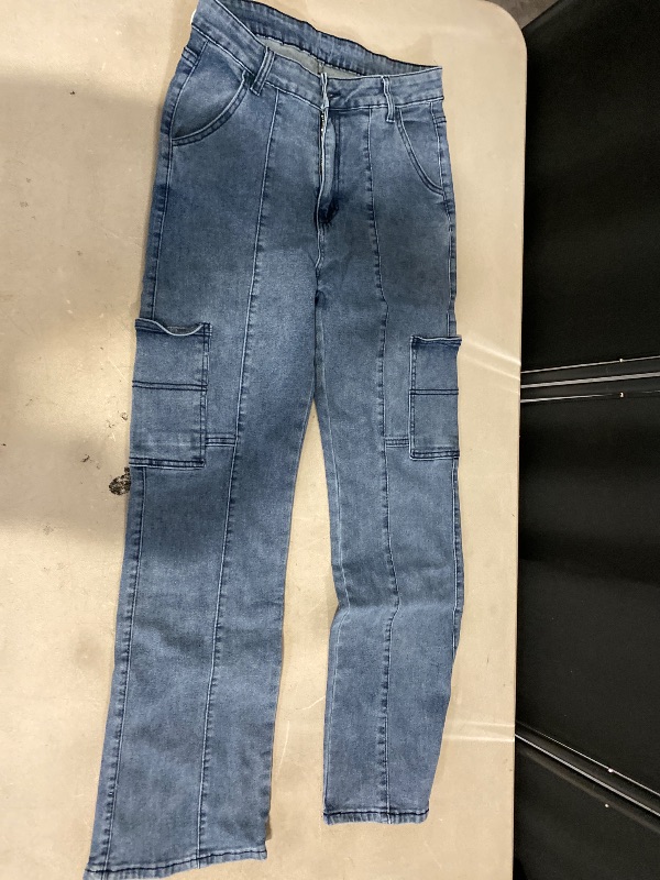 Photo 1 of L Women's Mid-High Light Wash Waist Multiple Pockets Line Splicing Rolled Edge Fashion Jeans