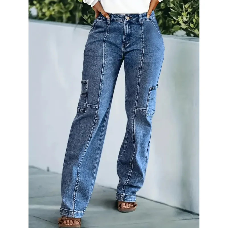 Photo 1 of L Women's Mid-High Light Wash Waist Multiple Pockets Line Splicing Rolled Edge Fashion Jeans