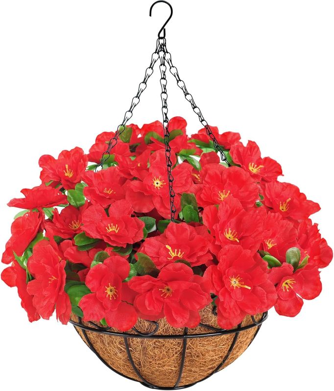 Photo 1 of Artificial Hanging Flowers with Basket, Silk Fake Azalea Flowers in Coconut Lining Hanging Basket for Indoor Outdoor Yard Garden Patio Home Room Porch Decorations