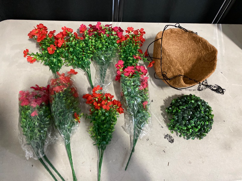 Photo 1 of Artificial Hanging Flowers with Basket, Silk Fake Azalea Flowers in Coconut Lining Hanging Basket for Indoor Outdoor Yard Garden Patio Home Room Porch Decorations