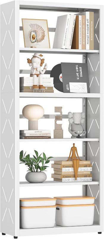 Photo 1 of Bookshelf, 5 Tier Metal Bookcase with Adjustable Shelves, Tall White Book Shelf with Bookends, White Display Shelves for Living Room, Home Office, Library